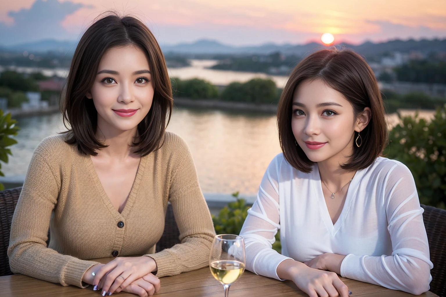 (Realistic:1.2),(masterpiece,Highest quality),8k,((men and women)),40 years old,37 years old、最高のsmile、Happy Couple, Full course dinner at the table、Wine Party、wine glass、White wine、sparkling wine、red wine、Upper Body、Tight waist,Perfect Anatomy, Brown Hair, short hair,Random Hairstyles,Amazing view of the sunset sky and clouds、Long sleeve shirt、dress,((Highly detailed face and eyes:1.2))(Cute Face:1.4),Beautiful actress face,Perfect golden ratio face,woman'suit、Nice,(smile:1.2)、