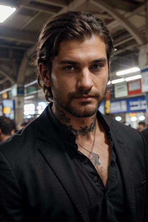 from below (medium shot:1.1) photo of a man, Michele_Morrone a 43 y.o hairy Caucasian Italian rough man, sharp-angular face, strong-sculpted jaw, on a chhatrapati shivaji terminus (formerly victoria terminus), wearing a  (black:1.1) (suit:1.1), deep-set eyes, dirty blond hair, low-cut dropped side holes, collar (shirt:1.2), several tattoos that are visible on his arms, natural lighting, 4k, high quality, Fujifilm XT