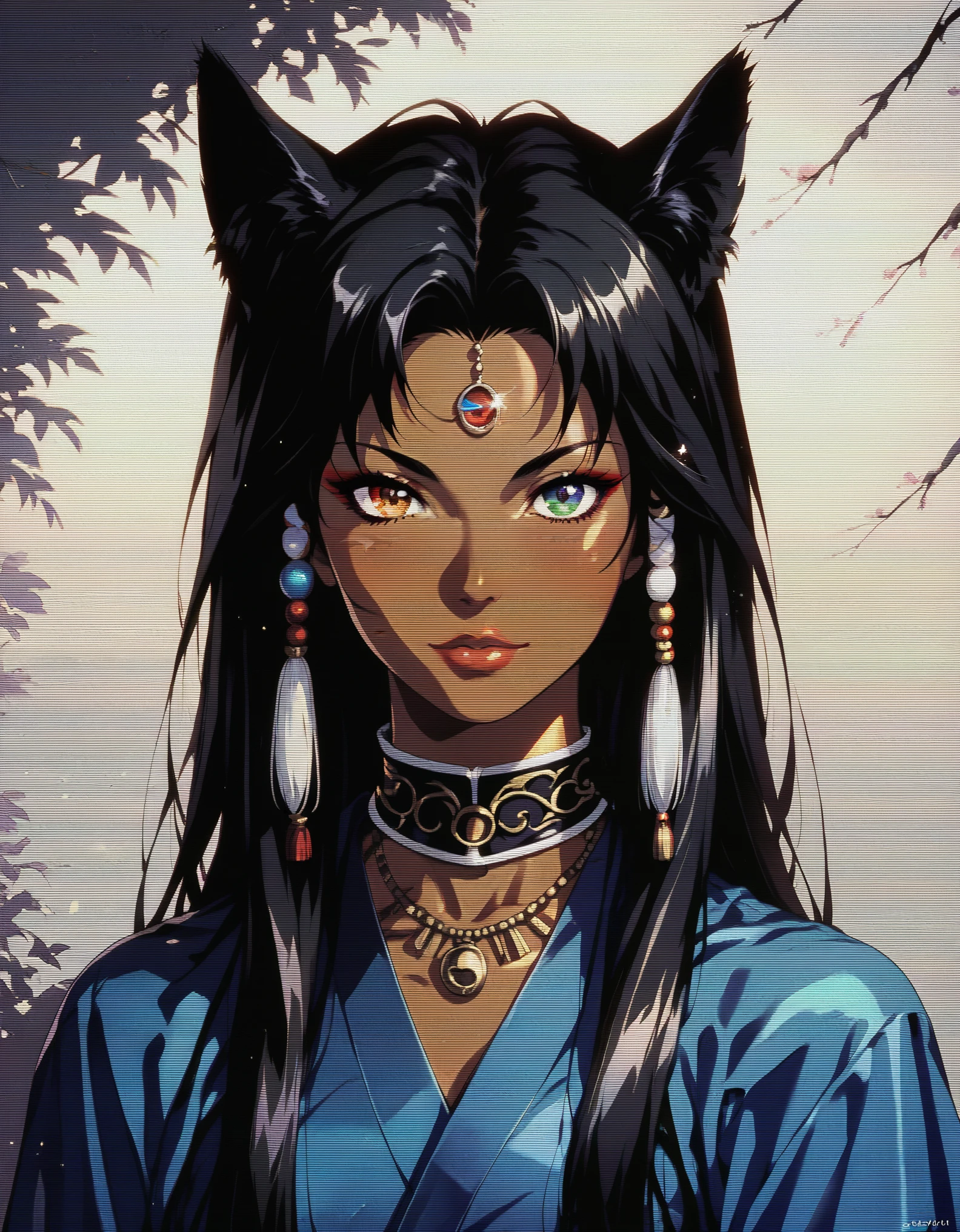 score_9, score_8_up, score_7_up, score_6_up, score_questionable, censored, vintage, 1990s \(style\), upper body, 1girl, pretty, seductive, dark skin, (long straight hair:1.2), black hair, black animal ears, (heterochromia:1.25), looking at viewer, (facing viewer:1.2), tail, beautiful face, detailed eyes