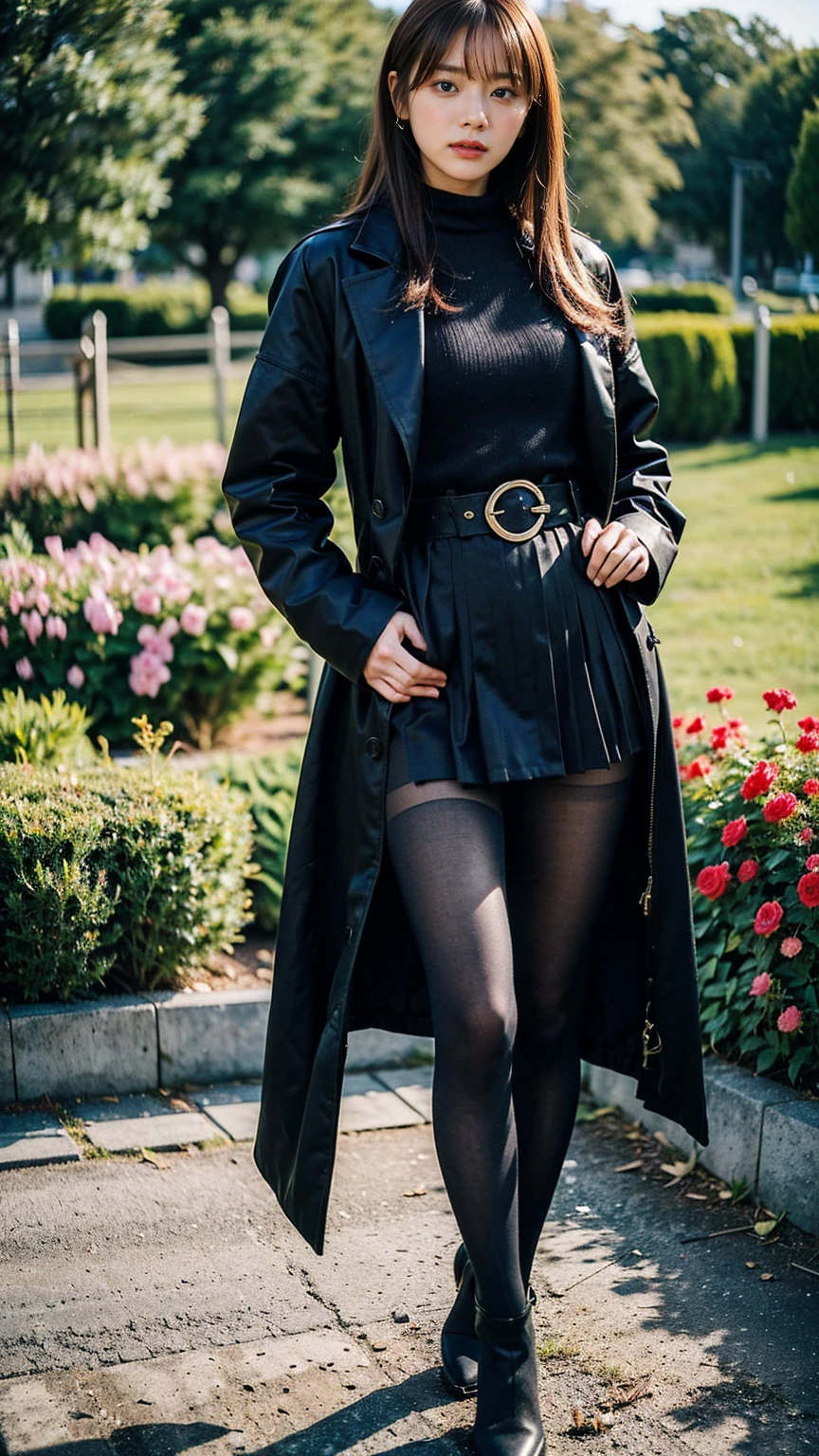 (8k、RAW Photos、Highest quality、masterpiece:1.2)、(Realistic、Realistic)、1 Girl、((skirt、long coat black、boots、tights、garden、View from the front、Looking at the camera、belt、Hands on your hips))、cute