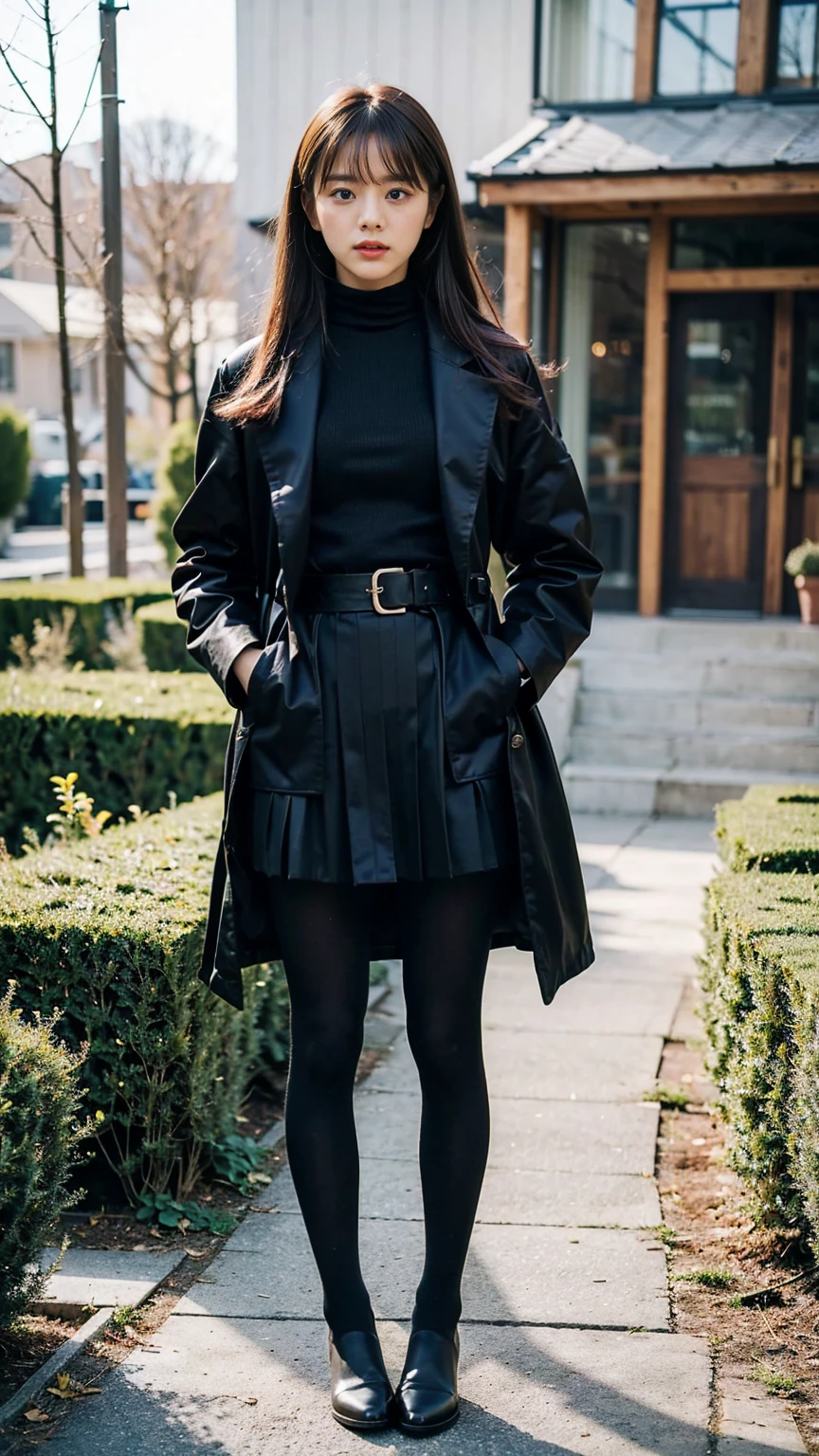 (8k、RAW Photos、Highest quality、masterpiece:1.2)、(Realistic、Realistic)、1 Girl、((skirt、long coat black、boots、tights、garden、View from the front、Looking at the camera、belt、Hands on your hips))、cute