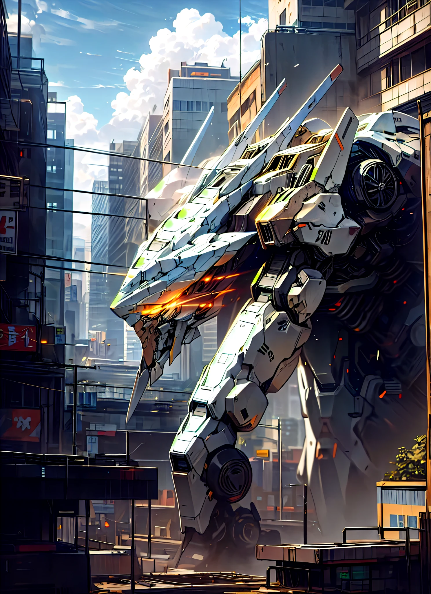 sky, cloud, holding_weapon, no_humans, glowing, , robot, building, glowing_eyes, mecha, science_fiction, city, realistic,mecha