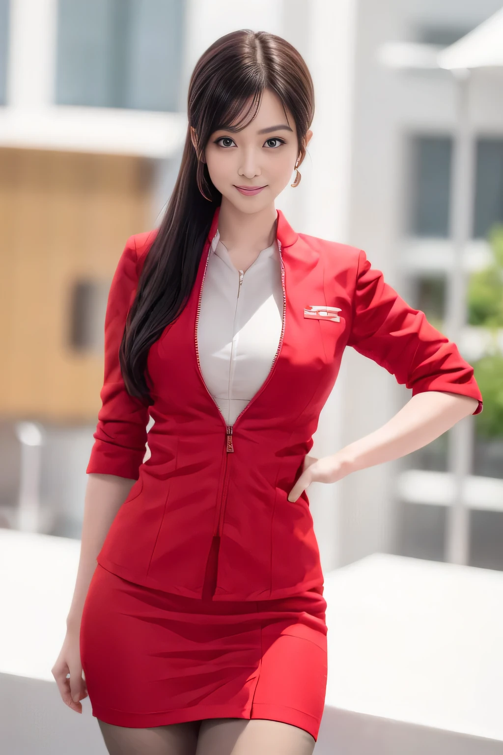 (masterpiece:1.2, Highest quality:1.2), 32k HDR, High resolution, (alone, 1 Girl), （AirAsia stewardess uniform realistic style）, A proper woman, Beautiful Face, Brown Hair, (Long hair down to the legs), (Red jacket:1.1, Unzipped jacket, Unbuttoned white shirt:1.05, Red mini skirt:1.1, pantyhose),（Showing big  through cleavage in unbuttoned white shirt）、（long hair that reaches down to the legs）、Perfect slim body:1.1, Huge breasts, huge breasts cleavage, Detailed skin texture, Beautiful Eyes, (Attractive look:1.2), necklace、Earrings、(forward leaning posture:1.5）, On the roof of a building, Rooftop at daytime,Blue eyes、Hands should be lowered