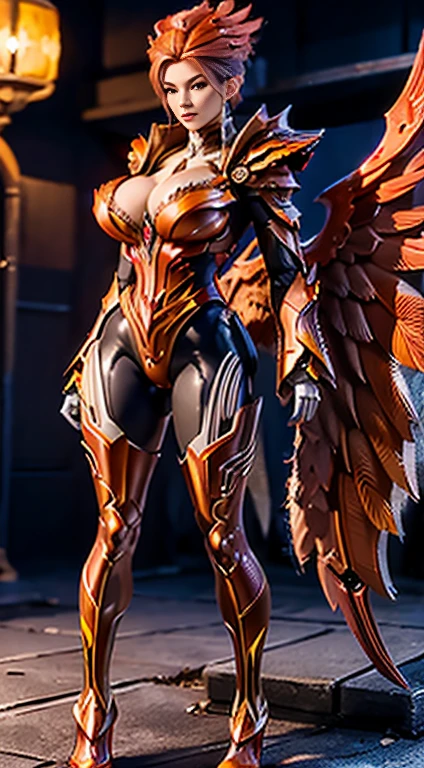 HUGE , FIRE MECHA ARMOR FULL SUIT, (CLEAVAGE), (A PAIR LARGEST PHOENIX WINGS), TRANSPARENT, TALL LEGS, STANDING, SEXY BODY, MUSCLE ABS. gigantic hips, TINY WAIST