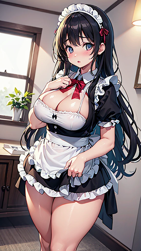 anime. 1 girl. Housewife. Chubby. Beautiful Eyes. Perfect Eyes. Expressive eyes. Beautiful Nose. very fat body. Very thick hands. very thick legs. Big fat belly. Big fat ass. Big Breasts. Beautiful breasts. Maid clothes. Put your hands on your face. Are standing. Full Height. Living room of luxury apartment. Embarrassment. blush. whole body. Highly detailed CG Unity 8k wallpaper. Ideal lighting. Ultra-high resolution 4K. Ultra-high definition 8K resolution.