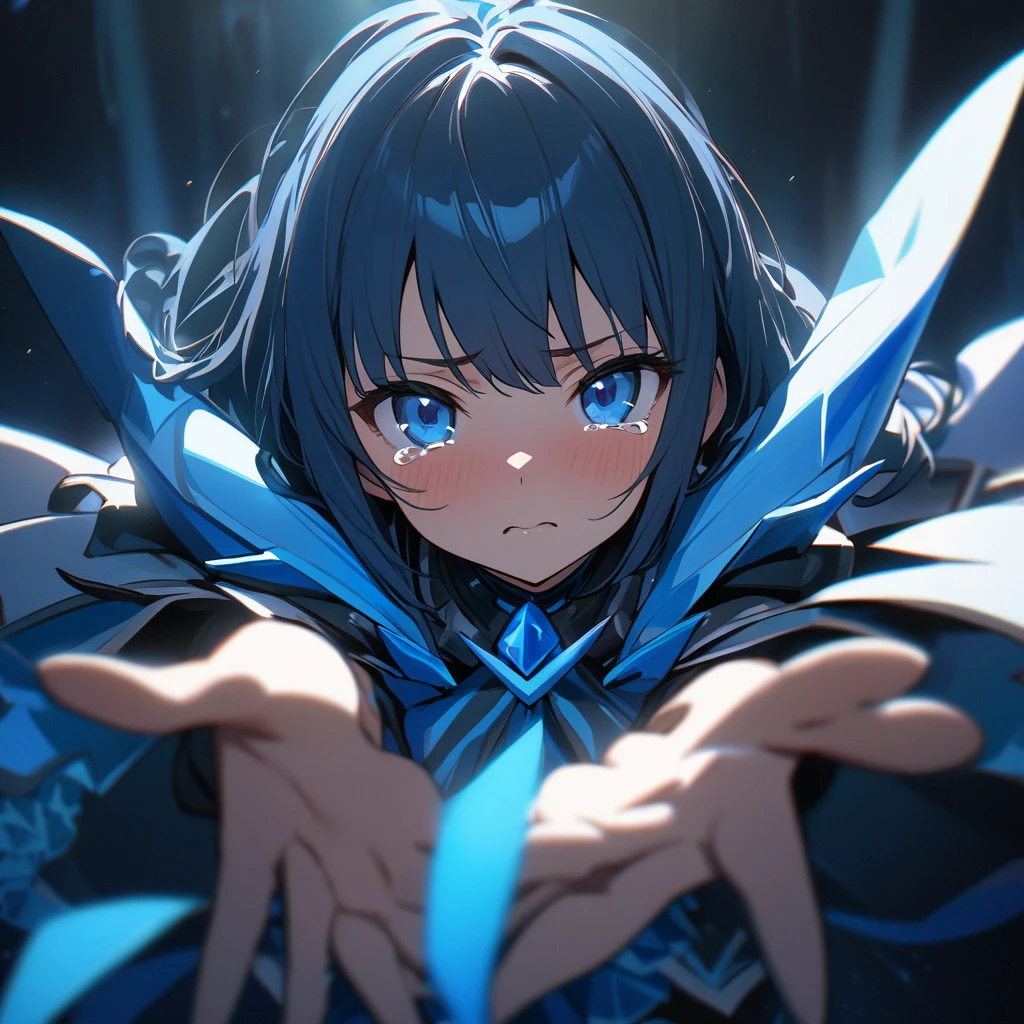 (Cosplay Shima rin), boy, cool, dramatic pose, (masterpiece, best quality, ultra detailed), (cinematic lighting), blue idol costume, (pov, ), (looking at viewer), incoming hug, (extremely close-up of face, ), kindly, gently, ( tears, ), 