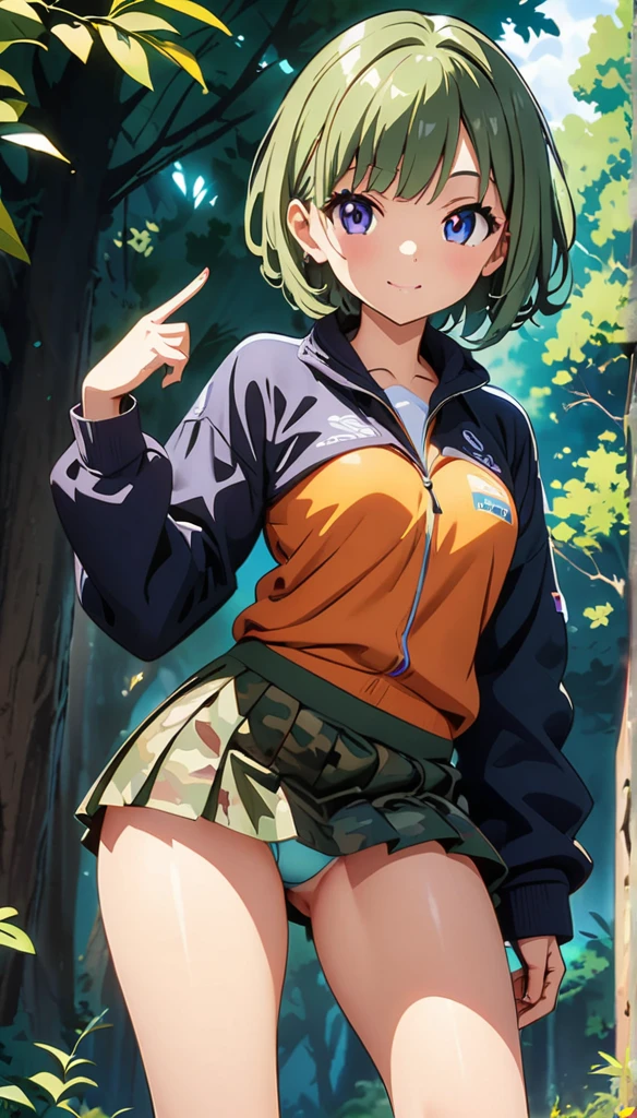 (anime artwork, anime style, studio anime, very detailed, up to date, vibrant, Anime Coloring, high contrast, masterpiece:1.2, best quality, best aesthetics),camouflage clothing,camouflage helmet, pleated skirt, Medium chest, A glimpse of thighs,random hair, One eye is hidden by the bangs, perfect proportions, high detail skin, Cute, detailed faces, random sexy pose,forest, precise fingers,panty shot
