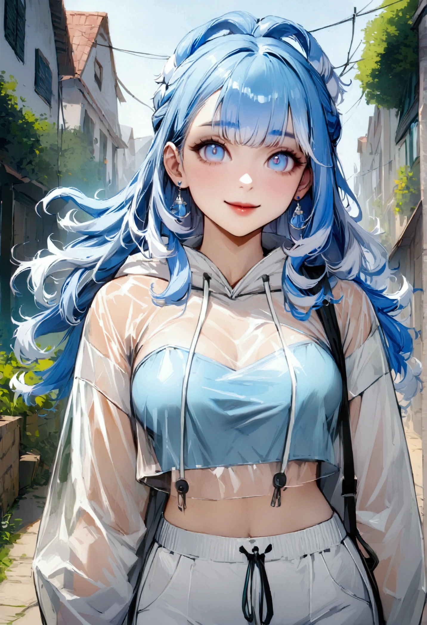 (Realistic painting style:0.9), ( painting style:0.9), (best quality), absurdres, looking at viewer, no pupils, (detailed eyes), alternate costume,(masterpiece), expressive eyes, perfect face medium breasts,1girl JK, score_9, score_8_up, score_7_up, score_6_up, source_anime, 1girl, solo, KoboBase, blue eyes, long hair, blue hair, colored tips, white hair, earrings, white jacket, raincoat, see-through, cropped hoodie, drawstring, white pants, smile, outdoors,