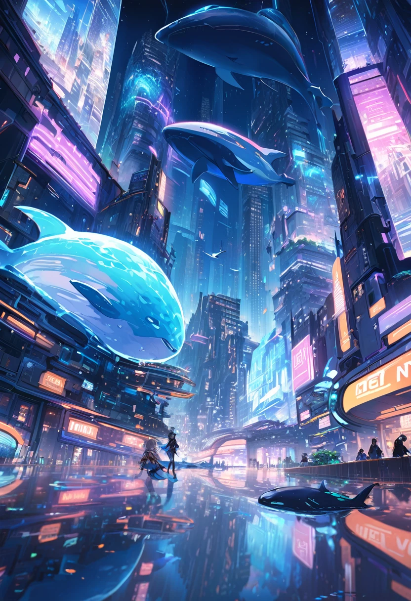 futuristic city, nature, Jump, whale,seabed, Mechanical, neon lights, reflection, skyscraper, hologram, ad, near future, city View, science and technology, vivid, fantasy