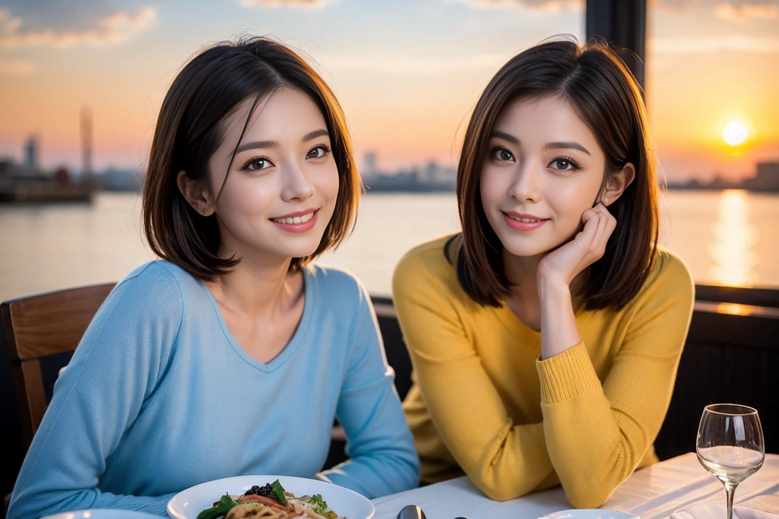 (Realistic:1.2),(masterpiece,Highest quality),8k,((men and women)),Age 35,37 years old、最高のsmile、Happy Couple, Full course dinner at the table、Wine Party、wine glass、White wine、sparkling wine、red wine、Upper Body、Tight waist,Perfect Anatomy, Brown Hair, short hair,Random Hairstyles,Amazing view of the sunset sky and clouds、Long sleeve shirt、dress,((Highly detailed face and eyes:1.2))(Cute Face:1.4),Beautiful actress face,Perfect golden ratio face,woman'suit、Nice,(smile:1.2)、