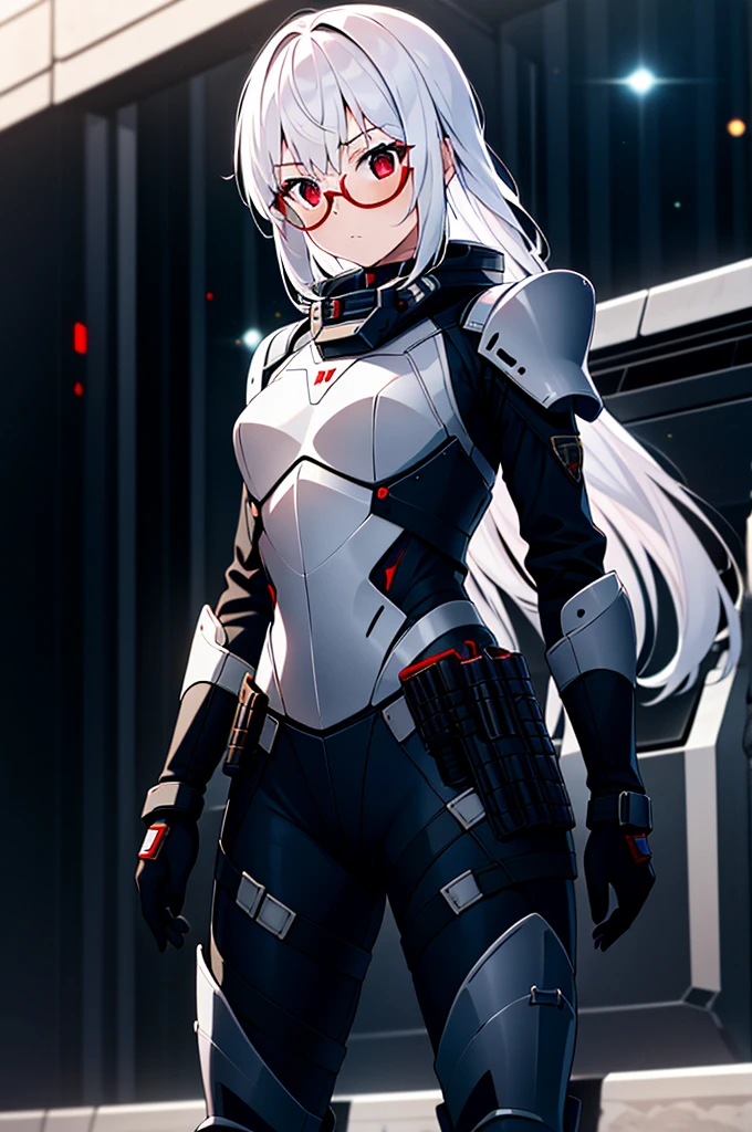 Masterpiece, solo, female, 1girl, 4k, standing, outdoor, white hair, white glasses, short, futuristic black soldier armor, cowboy shot's, Bokeh,red eyes, female soldier, bulletproof soldier armor, flat breast, flat chest, mature women, space soldier armor, guns holster