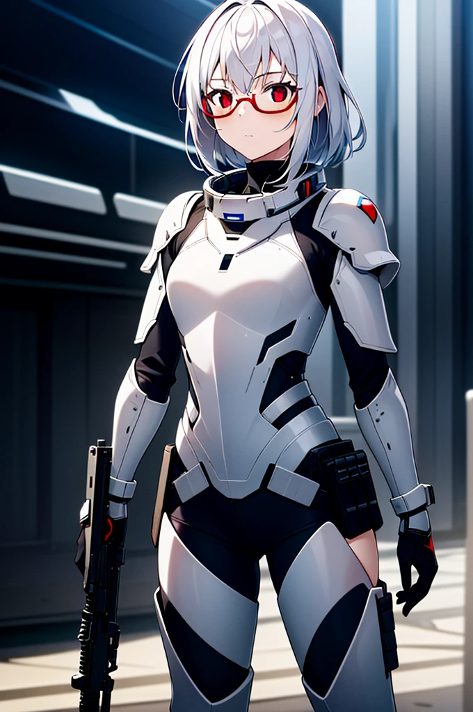 Masterpiece, solo, female, 1girl, 4k, standing, outdoor, white hair, white glasses, short, futuristic black soldier armor, cowboy shot's, Bokeh,red eyes, female soldier, bulletproof soldier armor, flat breast, flat chest, mature women, space soldier armor, guns holster 