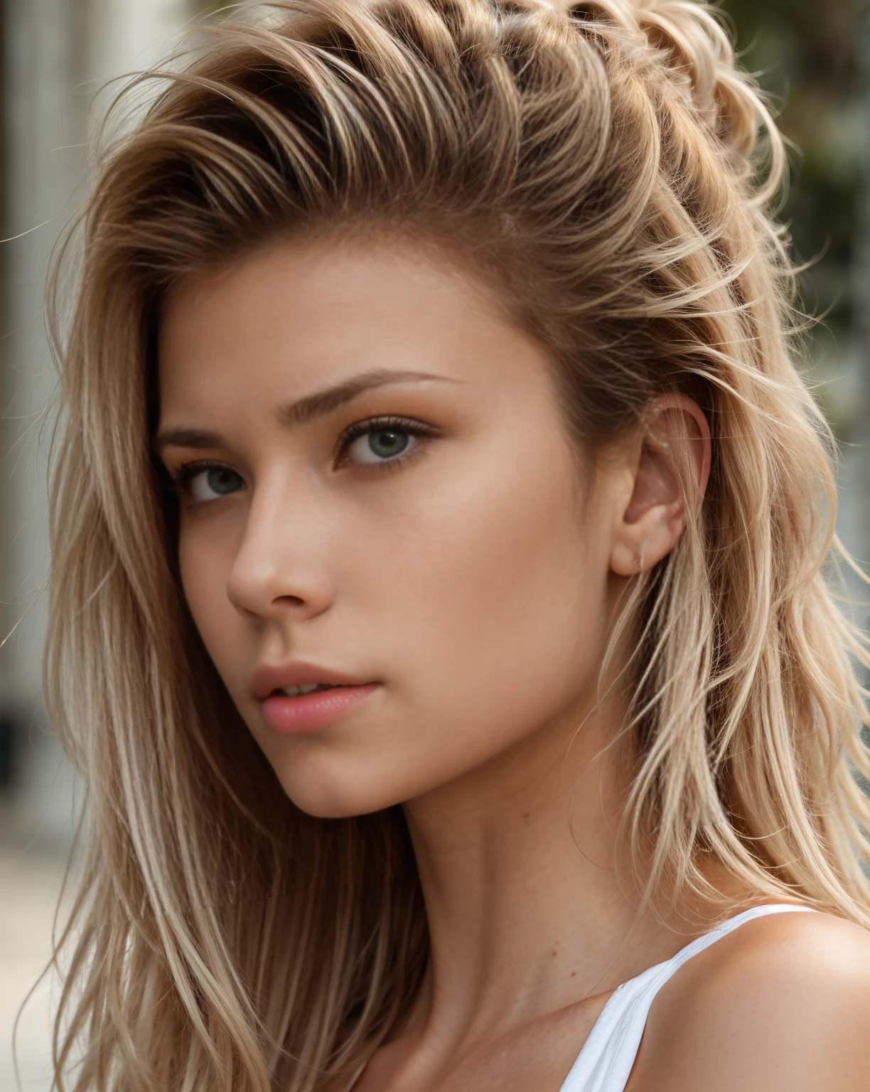 High resolution, portrait of an influencer standing, front looking at the camera, 30 year old beautiful woman. She doesn't smile. We need to see part of his bust. She has a very sexy and very refined face with Nordic and Albanian features. She has fair skin. Her hair is very blond and tied up. His face is clear. She has odd eyes (heterochromia). She has one blue eye and the other green. The color of his eyes is different. Its eyes are fascinating and very rare. The background is dark, which contrasts with her skin and hair. The lighting is soft and diffused, with no shadows on her face, highlighting the texture of her skin and the natural color of her hair. There is no text or logo visible in the image. 4K, UHD, ultra realistic image.