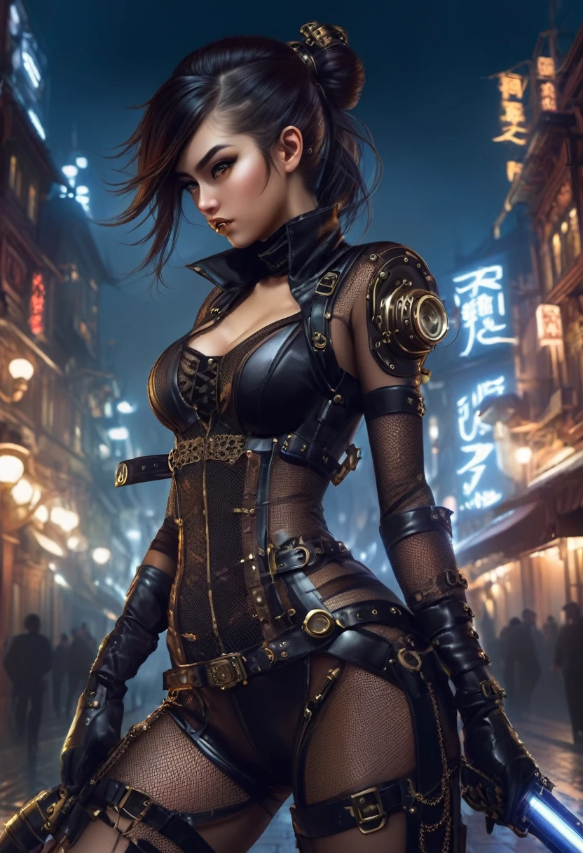 Steampunk Ninja Girl, weapon, Mesh Suit, Steampunk City, Night