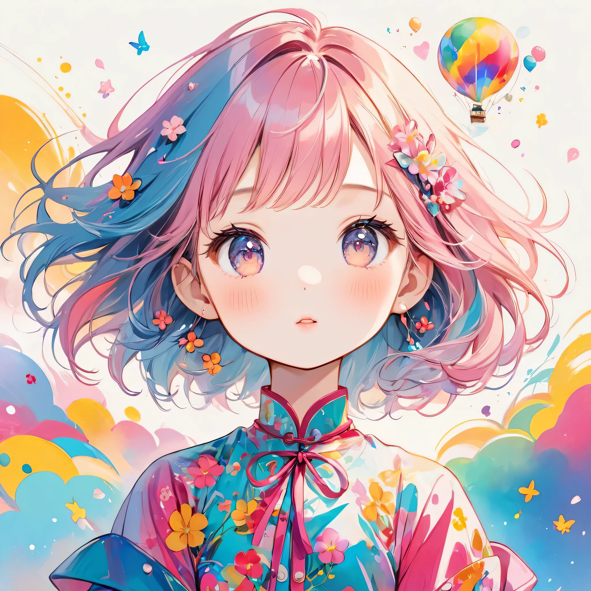 Mika Pikazo pastel color style, Simple Line Initialism，Abstract art，Urban Background, (((The most beautiful girl of all time))), chibi, Sweet face. Lips in love, colorful hearts, kawaii design