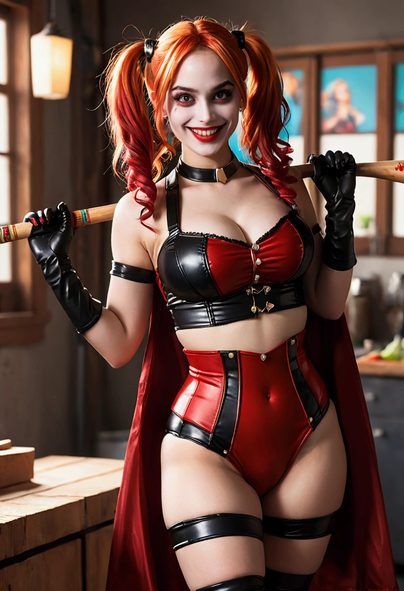 (masutepiece, Best Quality:1.2), naked Harley Quinn (God of Justice League々and monsters), Unlimited stuff, 1girl in, Smile, Sitting, Looking at Viewer, eating shaved ice, at food stand, Night, showing her tits, hard nipples, spreading legs.