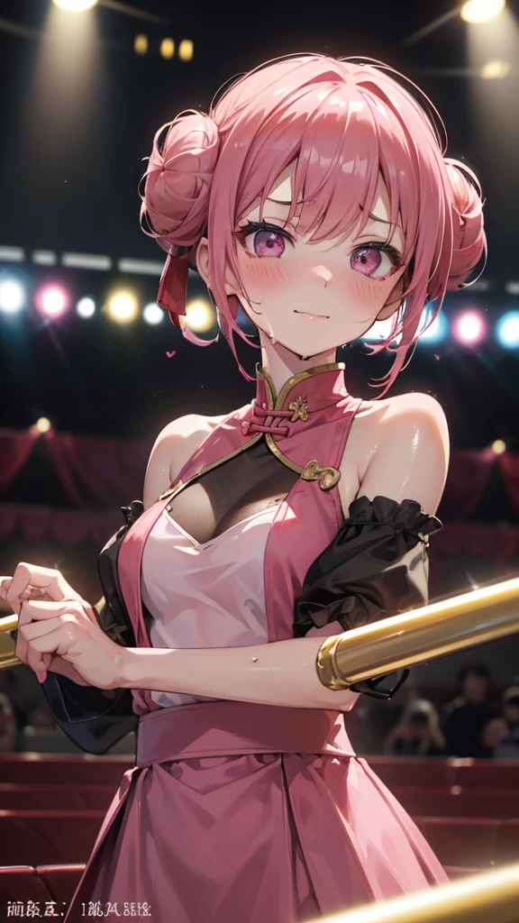 Highest quality, Super detailed, Highest quality, Very detailed, beautiful, masterpiece, 8k, 
1 Female, Pink Hair, short hair, Pink Eyes, Very detailed目, China dress, double buns tearing the upper body, (Evil Smile 1.5), Wicked Smile, (Sharp Eye:1.2),(Make a frown:1.1), (Staring at the audience:1.5),  (Embarrassing,blush:1.3),(Ecstasy:1.3) ,(Last:1.2),(Vulgarity:1.3),(Wet:0.8),(Drooling:0.6),(Sweat:0.8),