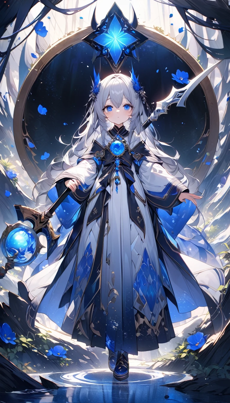 Highest quality,masterpiece,Detailed Details,Super detailed,colorful,The background is dark blue water,Transparency,Use HDR technology to create a sense of depth,beautiful,beautiful自然,Sacred atmosphere,8-year-old girl,Alone,Wearing starry wizard robes,Stand in the center of the screen,The whole body faces this way,Look diagonally forward to the left,holding a scythe,A scythe blade made from a blue gem,A scythe handle made from a black gem.,Holding a scythe ostentatiously,beautiful造形,Narrow eyes,mysterious,Long silver hair decorated with blue flowers,Fantasy atmosphere,beautiful虹色の蝶々is flying in the air,Magnificent worldview