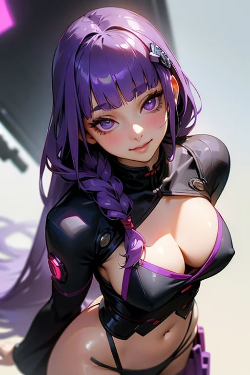 1 Girl, Blunt bangs, Braiding, Wide sleeves, hair ornaments,Obi says, (Purple Hair:1.2), Very long hair, Straight hair, Looking at the audience, Highly detailed background, (Realistic:1.2), Beautiful Eyes, Red eyeshadow, Written boundary depth，thigh, (Urzan-6500:0.7), Upper Body, (alone:1.2), (Cyberpunk City:1.1), Cleavage,,Shiny skin、(Navel exposed).((Face close-up))、((smile))、((Looking up))、