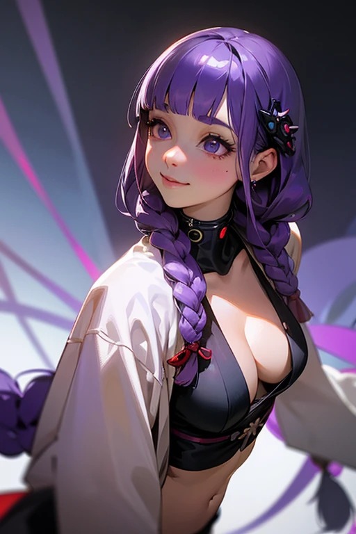 1 Girl, Blunt bangs, Braiding, Wide sleeves, hair ornaments,Obi says, (Purple Hair:1.2), Very long hair, Straight hair, Looking at the audience, Highly detailed background, (Realistic:1.2), Beautiful Eyes, Red eyeshadow, Written boundary depth，thigh, (Urzan-6500:0.7), Upper Body, (alone:1.2), (Cyberpunk City:1.1), Cleavage,,Shiny skin、(Navel exposed).((Face close-up))、((smile))、((Looking up))、