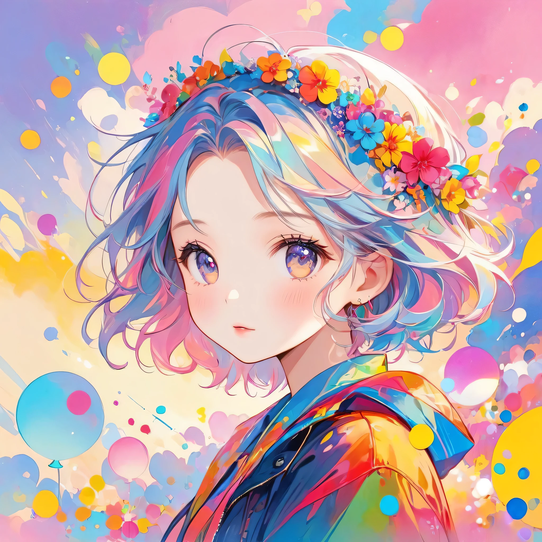 Mika Pikazo pastel color style, Simple Line Initialism,Abstract art,Urban Background, (((The most beautiful girl of all time))), chibi, Sweet face. Lips in love, colorful hearts, kawaii design
