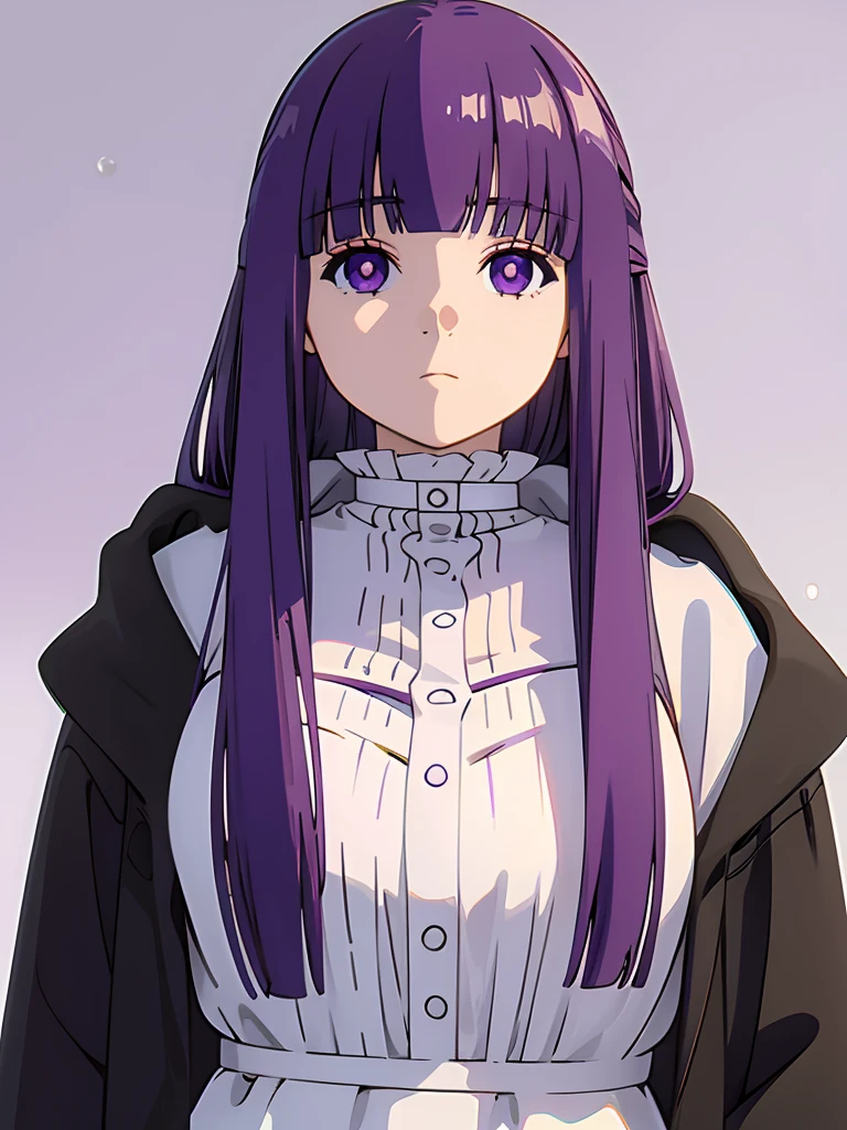 masterpiece, best quality, 1girl,purple hair, long hair,sidelocks, hair ornament,purple eyes, hood down,white shirt,jacket,open clothes,center frills,grey background, (masterpiece:1.0),(best_quality:1.0), ultra high res,4K,ultra-detailed, photography, 8K, HDR, highres,