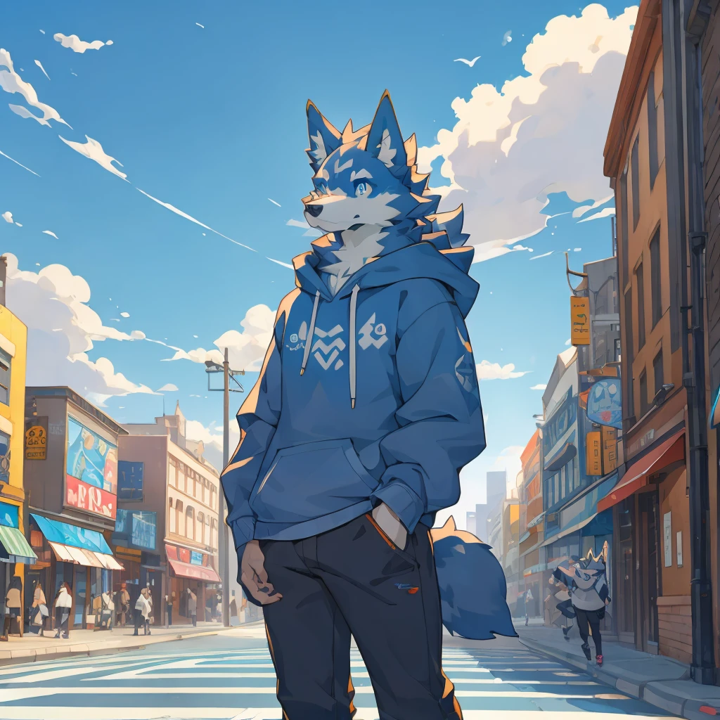 （Perfect work）Muscular body, Dark gray fur, Delicate pupils，Standing on the street, Snack Street Background,head tilted to one side,Beautiful blue sky and white clouds，People coming and going , Wearing a gray sweatshirt, Wolf furry character