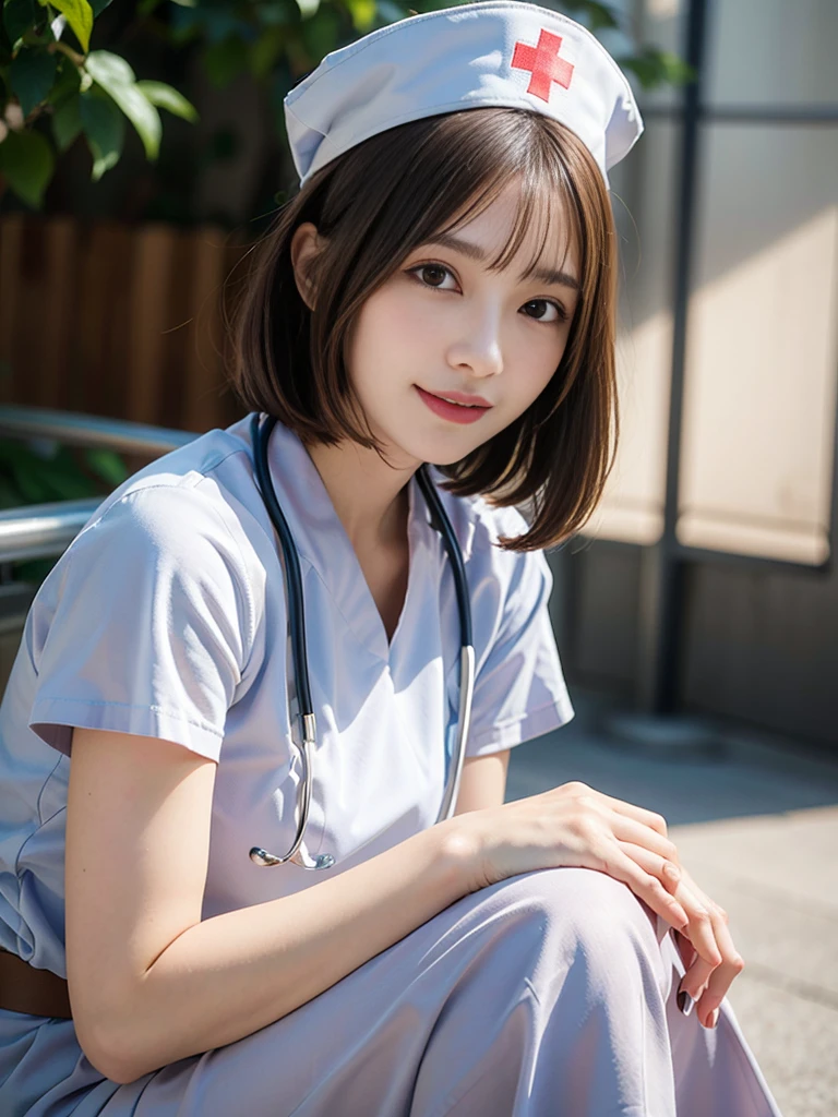 (realistic, photo-realistic:1.37), (masterpiece), (best quality:1.4), (ultra high res:1.2),(RAW photo:1.2), (sharp focus:1.3), (face focus:1.2),
(1girl wearing detailed nurse and nurse cap:1.4), (spread legs), (from side:1.3), (hospital:1.5), plump, BREAK,
(medium breasts:1.27), (laugh:1.1), (brown bob cut:1.3), scenery, (20yo), (cute), photon mapping, (spot lighting), Evening, finely detail, vibrant details, hyperrealistic, (NSWF:1.5)