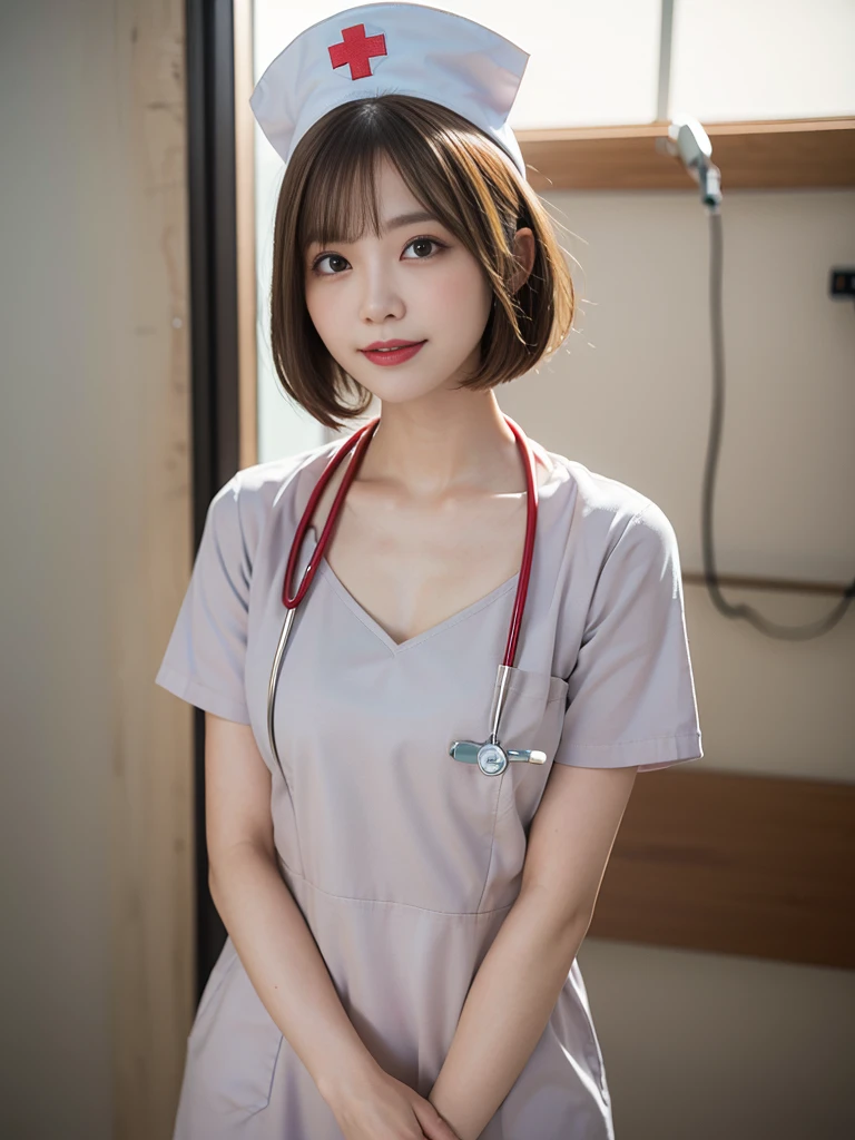 (realistic, photo-realistic:1.37), (masterpiece), (best quality:1.4), (ultra high res:1.2),(RAW photo:1.2), (sharp focus:1.3), (face focus:1.2),
(1girl wearing detailed nurse and nurse cap:1.4), (spread legs), (from side:1.3), (hospital:1.5), plump, BREAK,
(medium breasts:1.27), (laugh:1.1), (brown bob cut:1.3), scenery, (20yo), (cute), photon mapping, (spot lighting), Evening, finely detail, vibrant details, hyperrealistic, (NSWF:1.5)