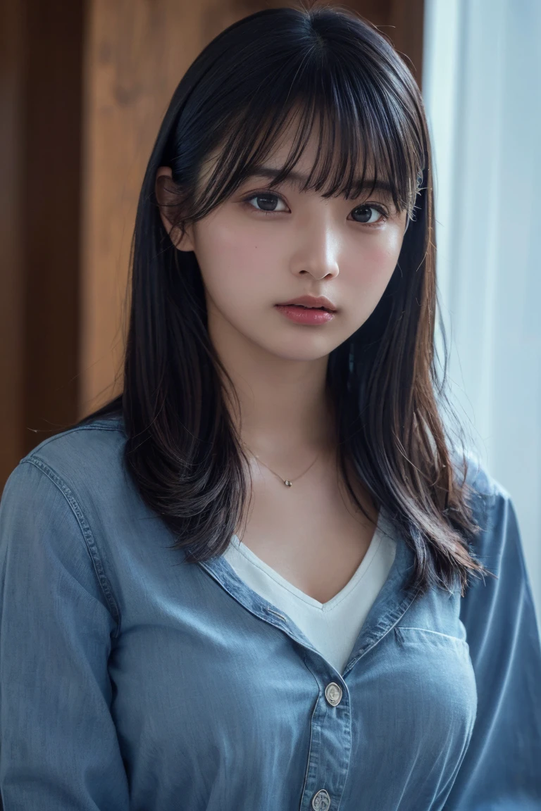 (Highest quality:1.4),(masterpiece:1.4),(Realistic:1.4),(Realistic:1.2),(超High resolution, RAW Photos:1.4),(High resolution, Very detailed:1.2),(8k:1.2),photograph,a photo of a dark-haired,Her hairstyle is a long wave hair with bangs..,One Girl,alone,(white blouse),(blue jeans),((Upper Body:1.3))