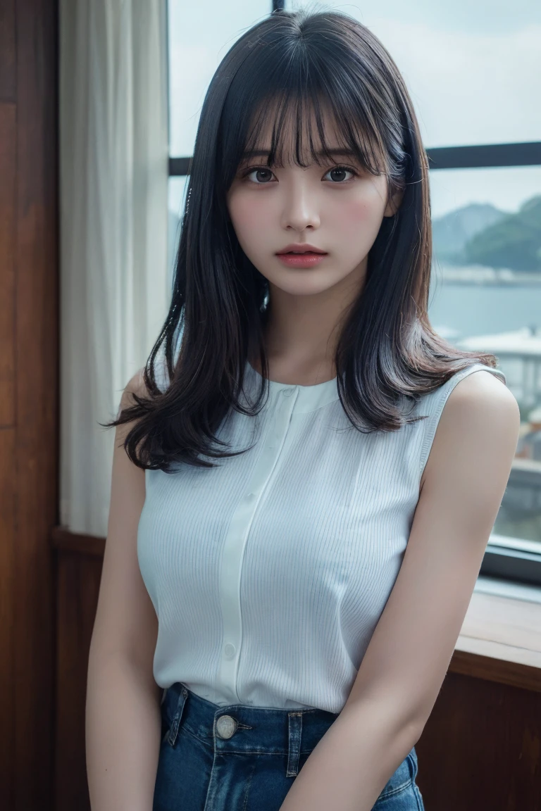 (Highest quality:1.4),(masterpiece:1.4),(Realistic:1.4),(Realistic:1.2),(超High resolution, RAW Photos:1.4),(High resolution, Very detailed:1.2),(8k:1.2),photograph,a photo of a dark-haired,Her hairstyle is a long wave hair with bangs..,One Girl,alone,(white blouse),(blue jeans),((Upper Body:1.3))