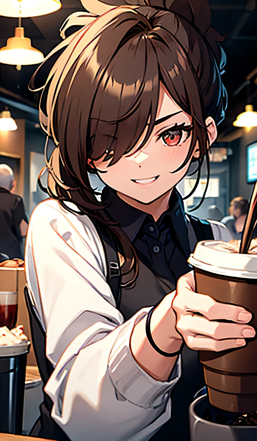 Masterpiece, Top Quality, (Single Focus), (Perfect Face: 1.1), (Attention to Detail: 1.1), Dramatic, One Person, (Healthy Skin), Brown Hair, Ponytail, Red Eye, Wink, Monocle, [Thin Eyebrows], One Person, [[White Collared Shirt]], [[Black Plain]], Open Mouth Smile, [White Collared shirt]], [[looking at camera]], background description, art, coffee shop, cinema lighting, coffee cup in hand