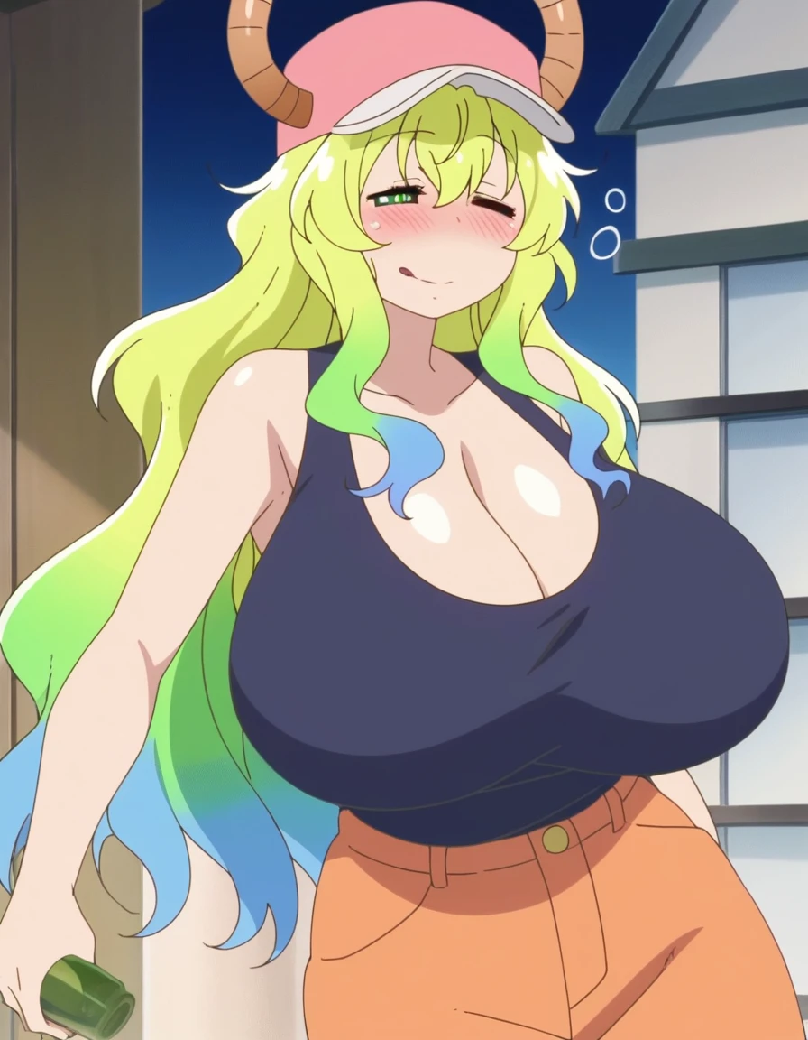 score_9, score_8_up, score_7_up, source_anime,masterpiece,best quality,highres,absurdres,official art,official style,source_anime,anime screencap,anime coloring,megami magazine,anime,animated,explicit, shiny skin,large breasts,lucoa (maidragon), multicolored hair, blonde hair, green hair, gradient hair,dragon girl, horns, ((huge breasts)), ((very drunk)), ((staggers)), ((agitated)), cleavage, tank top,