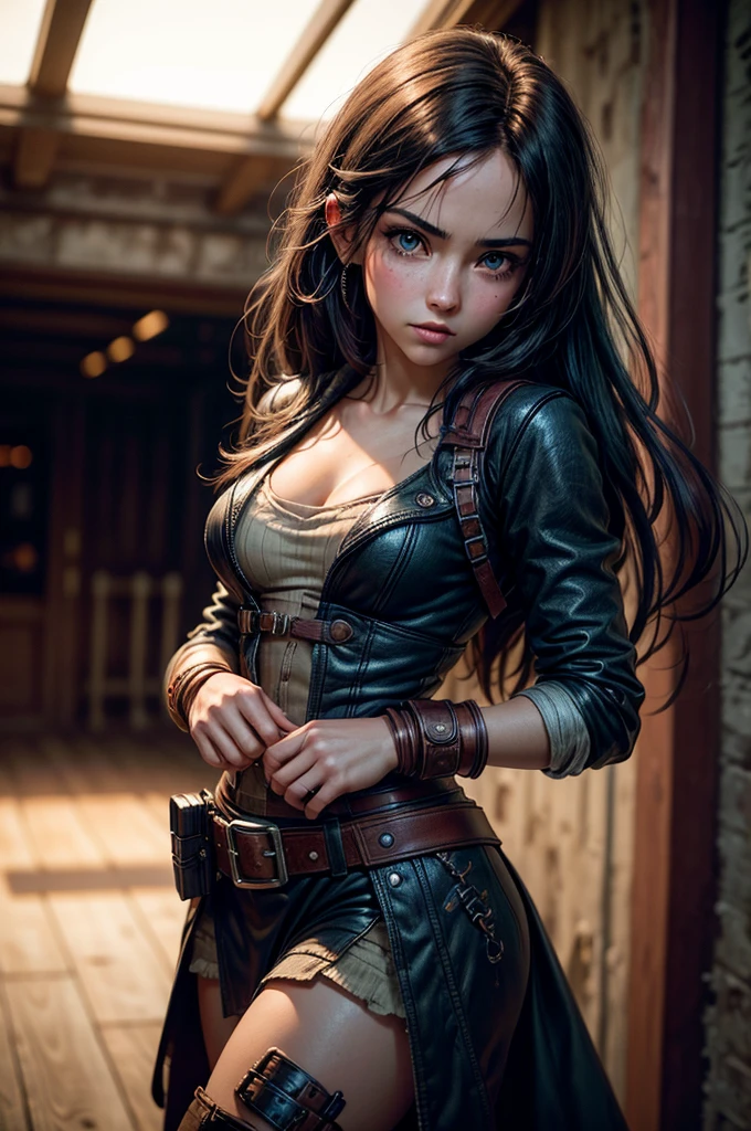 (editorial photography of Tifa Lockhart), (highly detailed face:1.4), no close-up, (smile:0.4), (background inside dark, moody, private:1.3), steampunk pirate's airship, nikon d850, stock photography, kodak portra 400 film ,camera f1.6 lens, bokeh, analog style, rich colors, hyper realistic, lifelike texture, dramatic lighting, cinestill 800, messy hair, serious, (freckles:0.4), pale skin, cute sexy