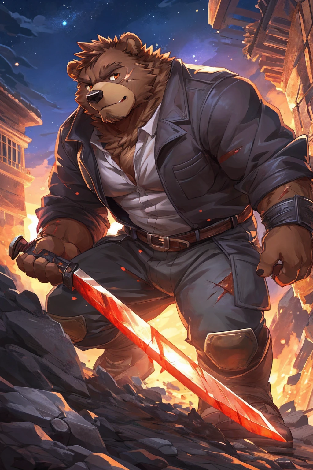 human nature, Wildlife, male,36 years old，Uncle， solitary, ((Round Face, The face is plump,Orange eyes,thick brown hair，Furry little ears with scars)), ((Endomorph, Handsome的，Hot Blood)), （construction worker，White architectural clothing，Holding a military long knife), ((domestic brown bear, Bear Orc，) Fluffy fur, Fluffy), Bokeh, (high quality, high resolution, masterpiece), (Dynamic Lighting, Vibrant colors，Natural fill light), (Revitalize，Handsome，), Full body picture (close up), cartoon, author：Takemoto Arashi, From zixiong, By Chunni, author：Empty Ghost，moonlight，Draw the sword on the cliff，Lean on your teammates&#39; backs，Two-player combat，Night，Surrounded，Beautiful starry sky，（background：moonlight的悬崖边）