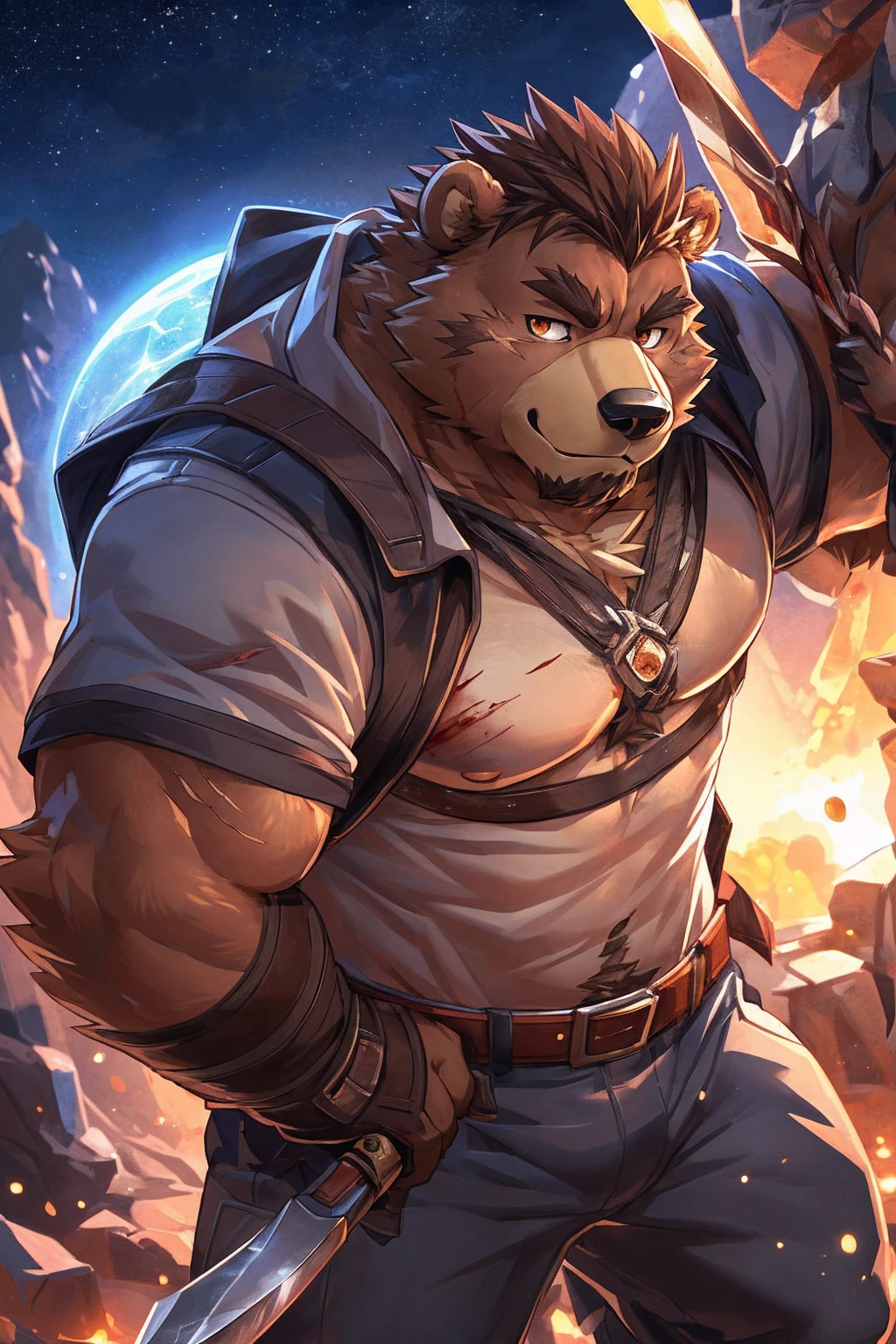 human nature, Wildlife, male,36 years old，Uncle， solitary, ((Round Face, The face is plump,Orange eyes,thick brown hair，Furry little ears with scars)), ((Endomorph, Handsome的，Hot Blood)), （construction worker，White architectural clothing，Holding a military long knife), ((domestic brown bear, Bear Orc，) Fluffy fur, Fluffy), Bokeh, (high quality, high resolution, masterpiece), (Dynamic Lighting, Vibrant colors，Natural fill light), (Revitalize，Handsome，), Full body picture (close up), cartoon, author：Takemoto Arashi, From zixiong, By Chunni, author：Empty Ghost，moonlight，Draw the sword on the cliff，Lean on your teammates&#39; backs，Two-player combat，Night，Surrounded，Beautiful starry sky，（background：moonlight的悬崖边）