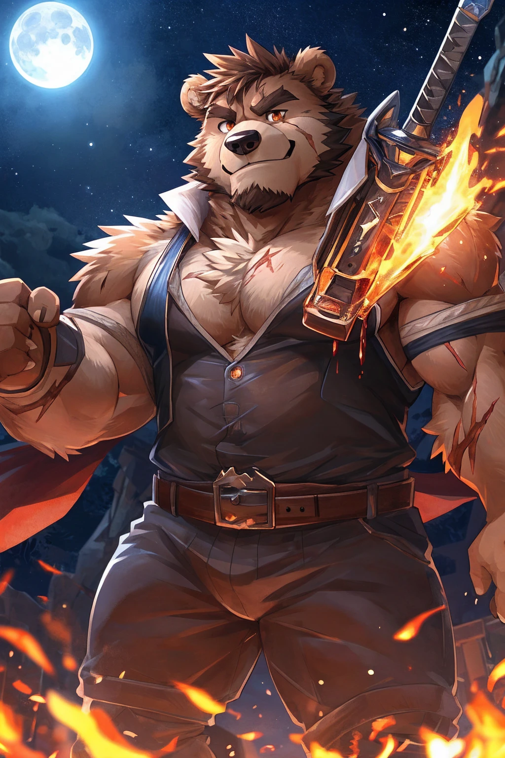 human nature, Wildlife, male,36 years old，Uncle， solitary, ((Round Face, The face is plump,Orange eyes,thick brown hair，Furry little ears with scars)), ((Endomorph, Handsome的，Hot Blood)), （construction worker，White architectural clothing，Holding a military long knife), ((domestic brown bear, Bear Orc，) Fluffy fur, Fluffy), Bokeh, (high quality, high resolution, masterpiece), (Dynamic Lighting, Vibrant colors，Natural fill light), (Revitalize，Handsome，), Full body picture (close up), cartoon, author：Takemoto Arashi, From zixiong, By Chunni, author：Empty Ghost，moonlight，Draw the sword on the cliff，Lean on your teammates&#39; backs，Two-player combat，Night，Surrounded，Beautiful starry sky，（background：moonlight的悬崖边）