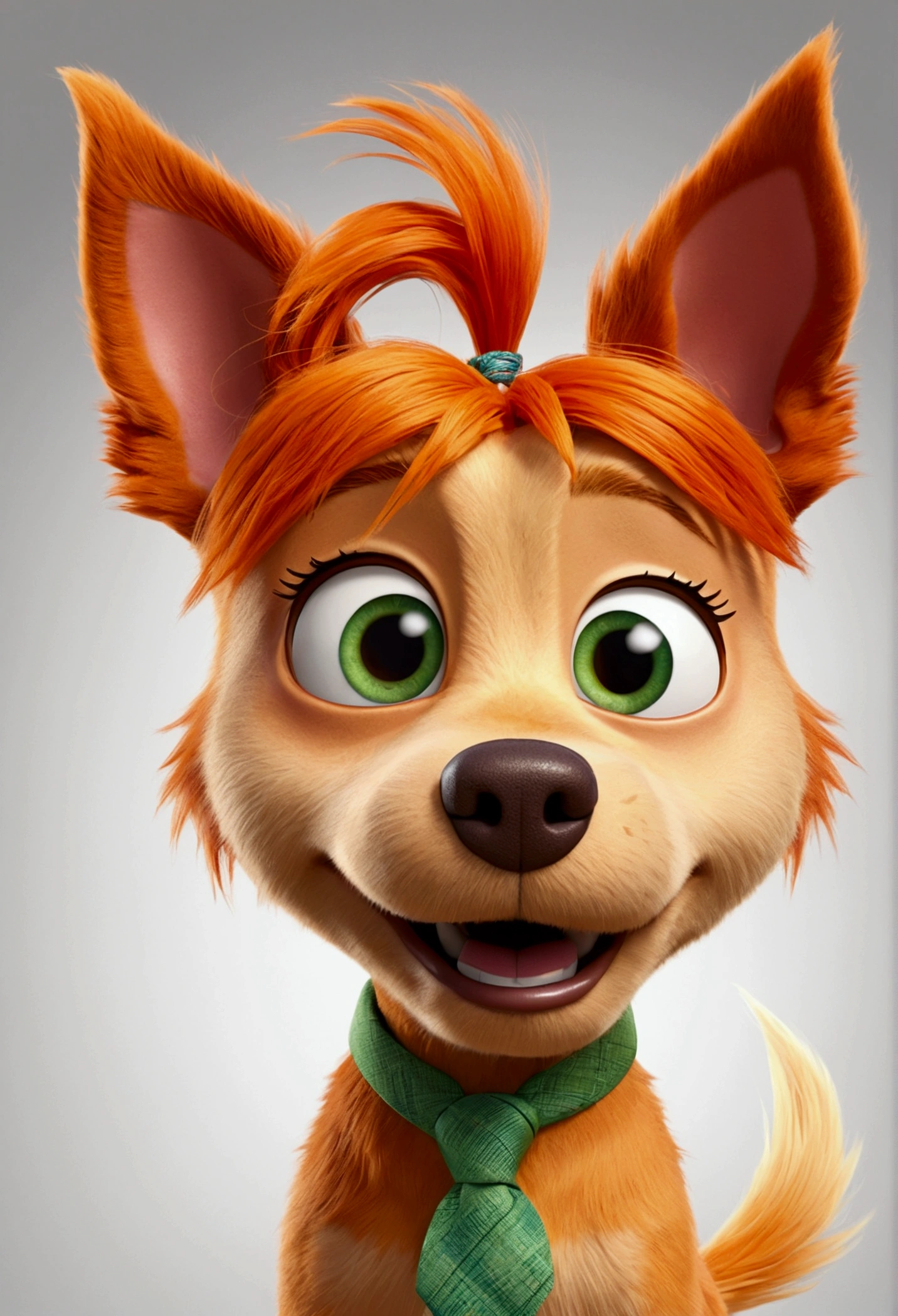 3d cartoon character of the Yorkshire dog breed from Inside Out Pixar, with orange fur, green eyes, straight orange hair, tied and raised to the top of the head. Face with an anxious look