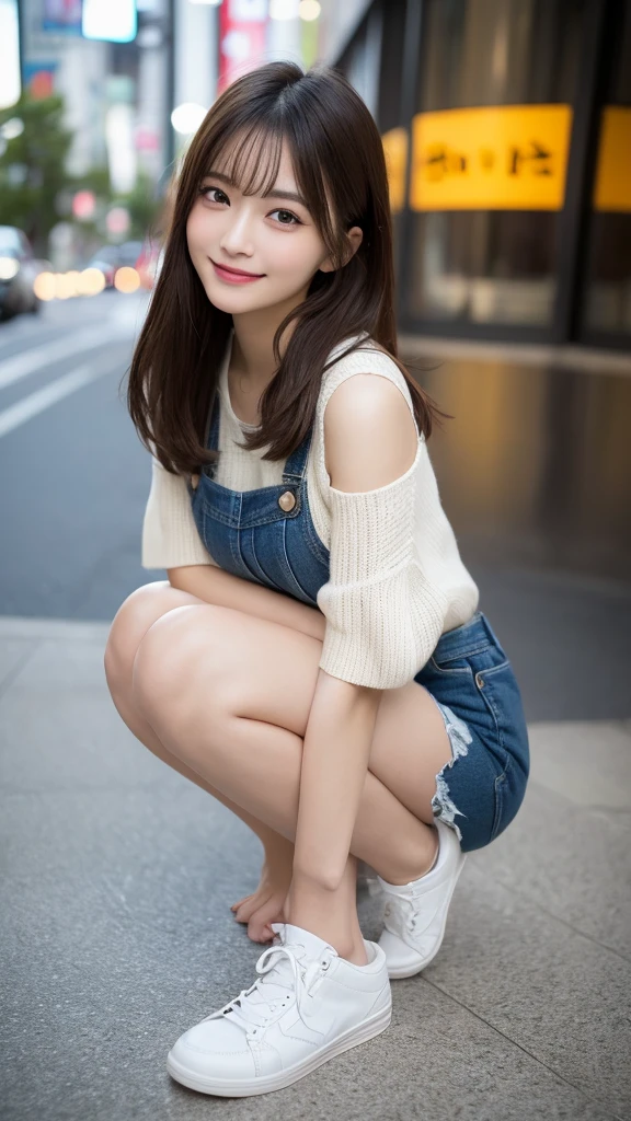 Highest quality, Very detailed, finely, High resolution, 8k wallpaper, Perfect dynamic composition, Beautiful and exquisite,ランダムなcute髪,,Natural color lip, Bold sexy pose,smile、20-year-old girl、cute、Looking into the camera,,Perfect and beautiful face,Slim face and figure,Beautiful thighs, Beautiful feet、Big eyes、Gal Makeup,Small face,Shooting from below、smile,Blurred Background,Elegant feminine face、Change pose randomly、Randomly change the shooting angle and position、smile、Top to bottom々Shoot from the right angle and direction、Sexy Face、Standing in the streets of Shinjuku、White sheer knitwear、Denim shorts、White sneakers