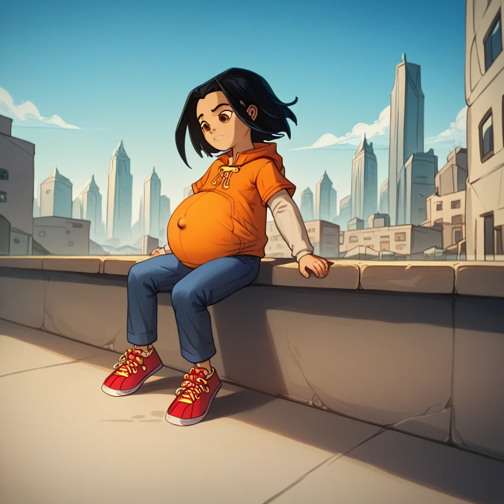 score_9, score_8_up, score_7_up, semirealistic girl sitting on bridge, , jadechan, short black hair, solo, brown eyes, wind, 1girl, orange hoodie, long white sleeves, blue pants, sneakers, city in the background, clear sky, hyper-pregnant, short stature, elementary school student 