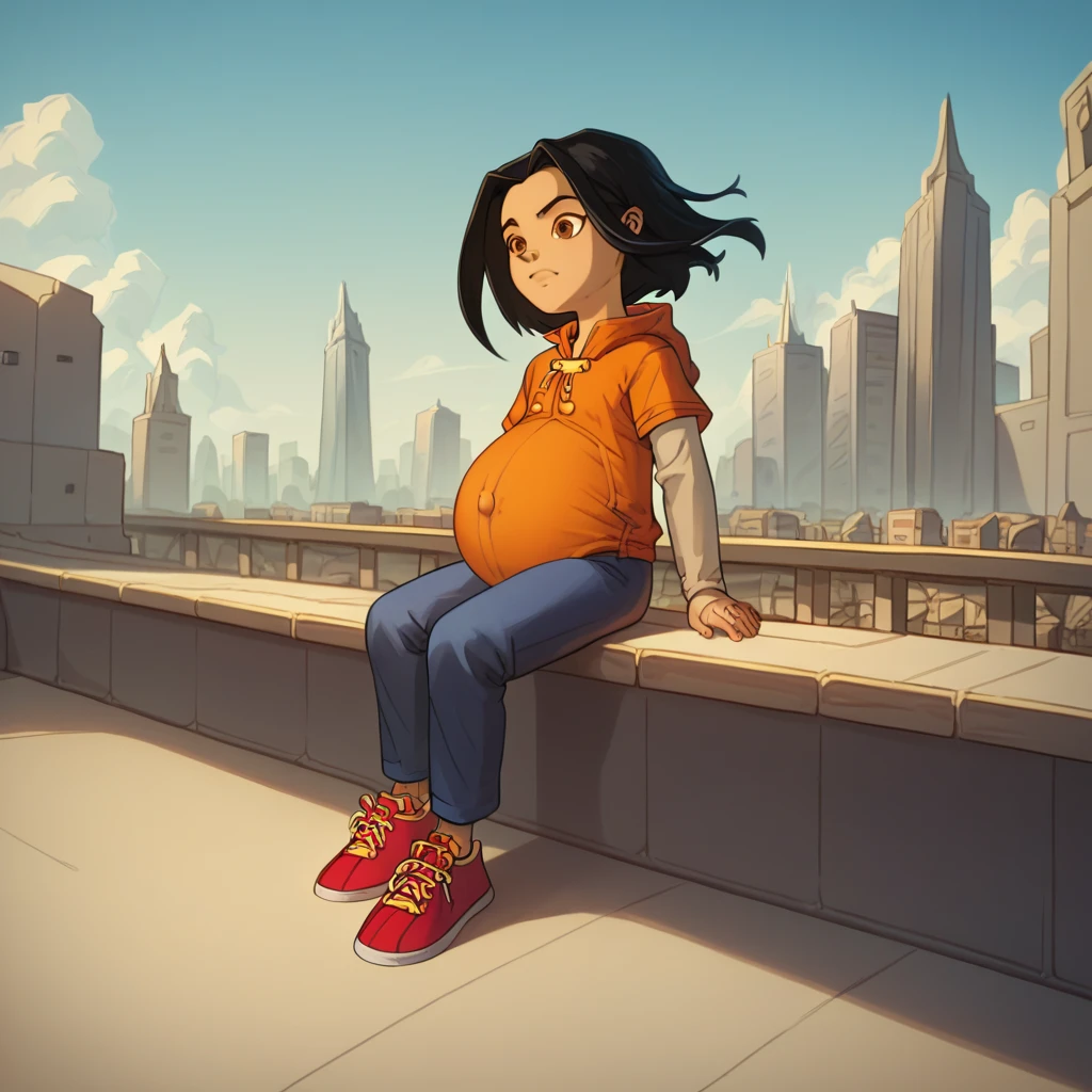 score_9, score_8_up, score_7_up, semirealistic girl sitting on bridge, , jadechan, short black hair, solo, brown eyes, wind, 1girl, orange hoodie, long white sleeves, blue pants, sneakers, city in the background, clear sky, hyper-pregnant, short stature, elementary school student 