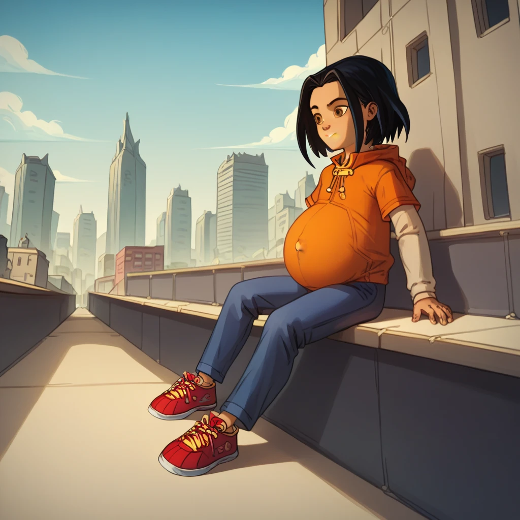 score_9, score_8_up, score_7_up, semirealistic girl sitting on bridge, , jadechan, short black hair, solo, brown eyes, wind, 1girl, orange hoodie, long white sleeves, blue pants, sneakers, city in the background, clear sky, hyper-pregnant, short stature, elementary school student 