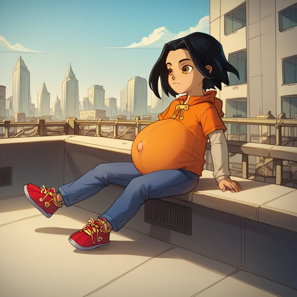 score_9, score_8_up, score_7_up, semirealistic girl sitting on bridge, , jadechan, short black hair, solo, brown eyes, wind, 1girl, orange hoodie, long white sleeves, blue pants, sneakers, city in the background, clear sky, hyper-pregnant, short stature, elementary school student 