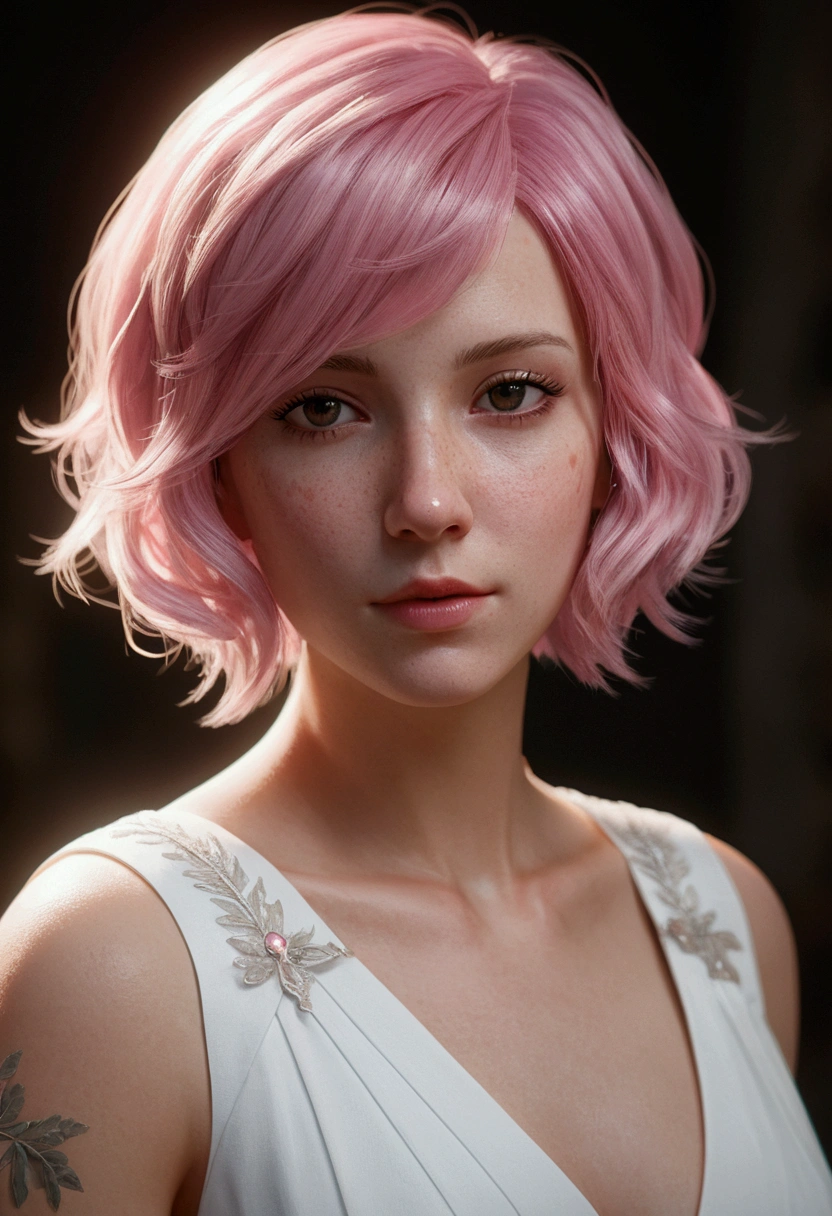 Alcanevi, A woman with medium-short pink hair wearing a white dress, female face, Unreal Engine Character Art, portrait