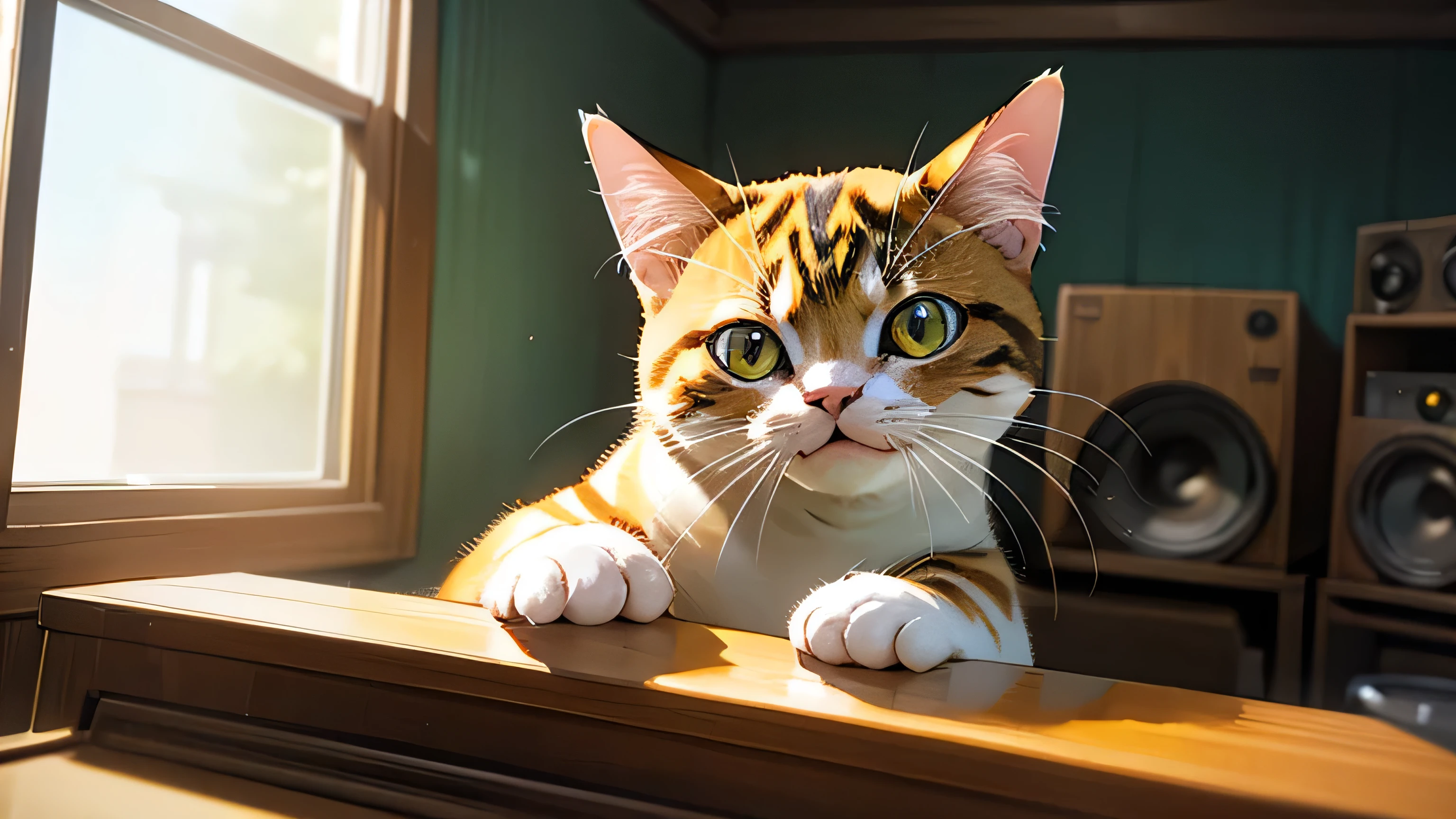 Room with speakers、、Realistic Cat、Upper body close-up、noon