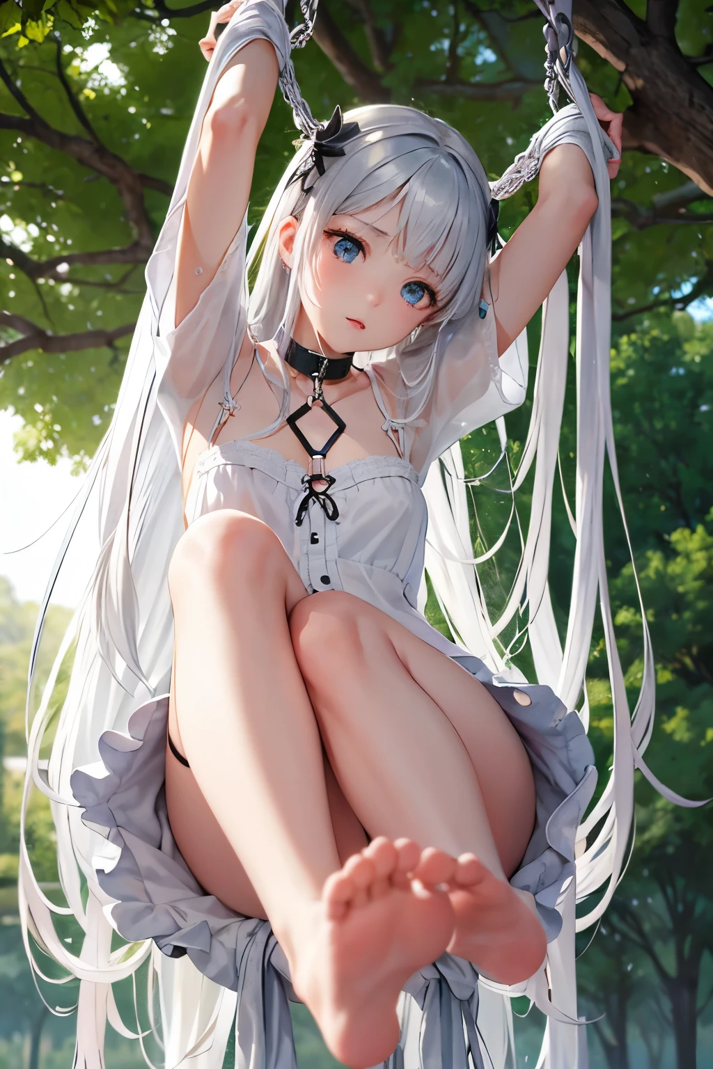 Silver Hair、beautiful girl、Runaway slave girl、Slave Collar、handcuffs、Stretch your arms up、Extend your elbows、Two-handed suspension、Tattered clothes、Your clothes are torn、Trapped、Suspension、Hanging from a big tree、Feet float、Rope gets tangled、Desperate、I'm in a hurry、Anxious expression、Scared、Surprised、(((SFW、sound、Highest quality、first-clasasterpiece、Normal body、8k、Detailed face、Ultra-precision、Normal hand、Normal finger、5Finger、Highest)))、whole body