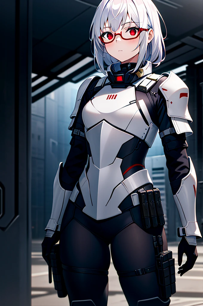 Masterpiece, solo, female, 1girl, 4k, standing, outdoor, white hair, white glasses, short, futuristic black soldier armor, cowboy shot's, Bokeh,red eyes, female soldier, bulletproof soldier armor, flat breast, flat chest, mature women, space soldier armor, guns holster