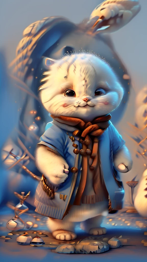 highest quality,Very detailed,Realistic,(photoRealistic:1.2),Anthropomorphic performance、Shaggy white cat,Adorable,soft,fuzzy,Playful,Expressive blue eyes,small, Rounded body,Small feet、Warm lighting,Are standing、suit、