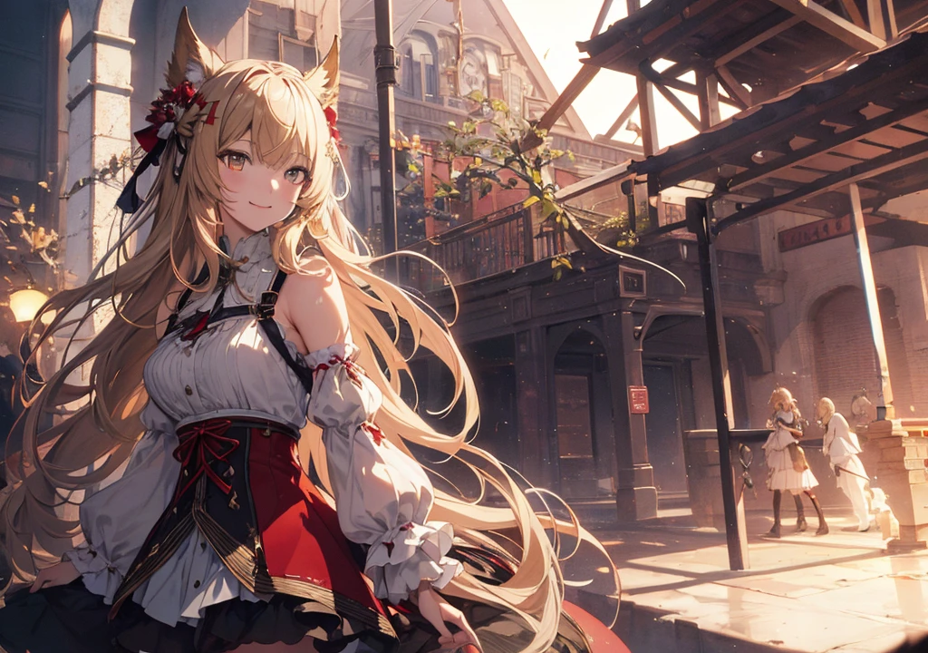 Realistic photos, Focus distance 10mm, Red and white, A big smile, Beautiful girl, Realistic photos, Focus distance 10mmで撮影, masterpiece, 最high quality, high quality, Very detailed CG 8k wallpaper unit, Award-winning photography, Depth of written boundary, High resolution, bloom, chromatic aberration, Realistic, Very detailed, Art Station Trends, CGsociety Trends, Complex, High detail, dramatic, Art on the go, volumetric lighting, Final Fantasy style beautiful girl、Golden Eyes、Long wavy blonde hair、Auction Venue
