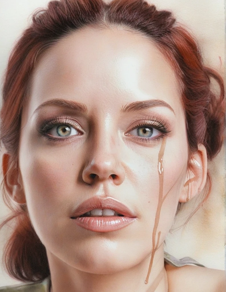 bncbchmp, light natural tones , ((pencil drawing , watercolor drawing)), portrait of a woman, detailed eyes, beautiful , highly detailed, soft color tones, soft lighting, detailed lines, sharp, realistic, brush strokes, light hints of paint drips